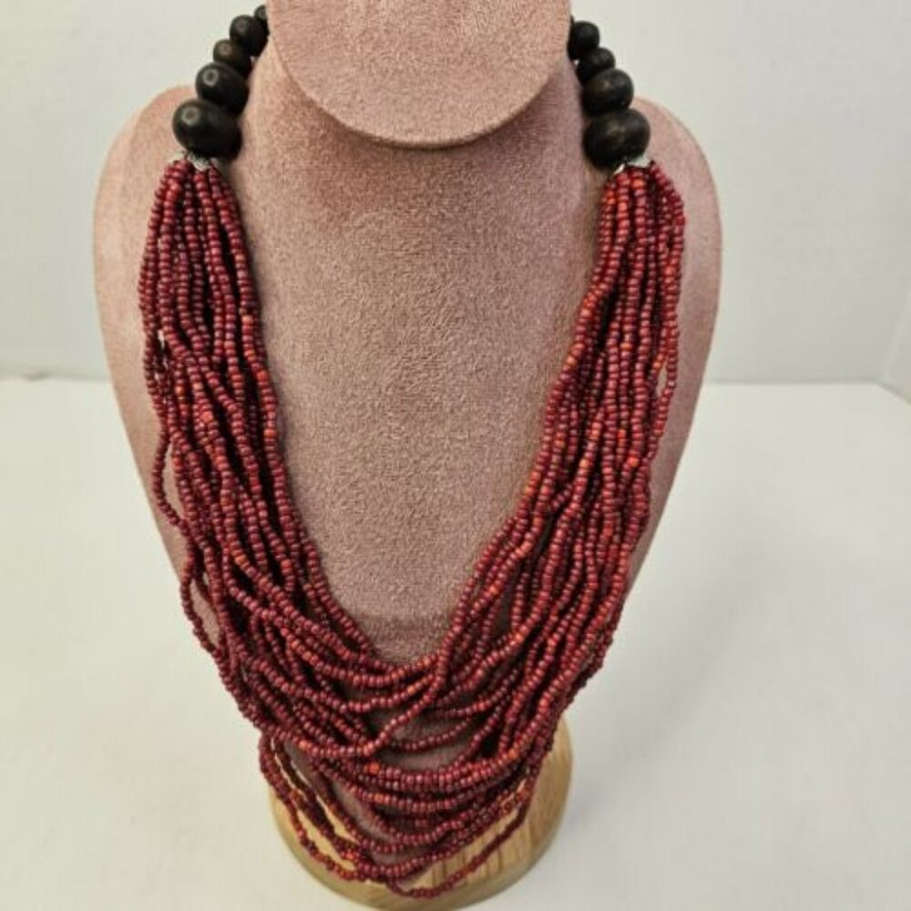 Necklace Multi Strands Costume Jewelry Seeded Red Wood Beads